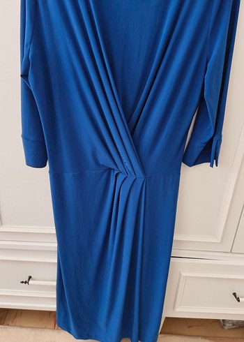 Uzun Kollu Drapeli Koyu Mavi Kadın Elbise - Görsel 10