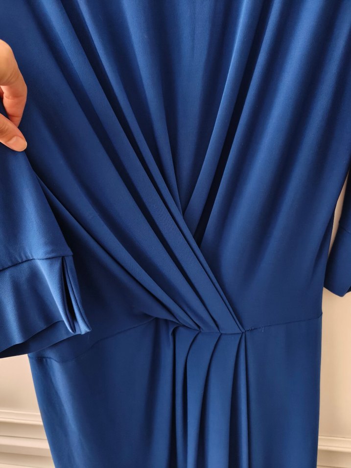 Uzun Kollu Drapeli Koyu Mavi Kadın Elbise - Görsel 3