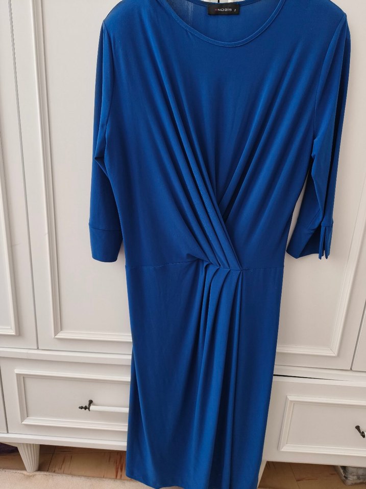 Uzun Kollu Drapeli Koyu Mavi Kadın Elbise - Görsel 2