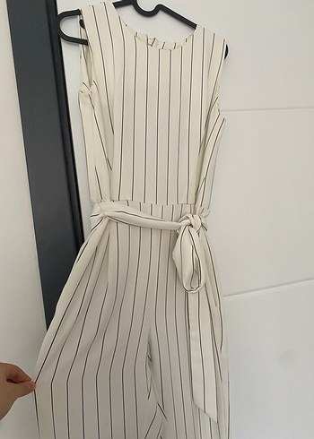 Çizgili Beyaz Kadın Midi Tulum
