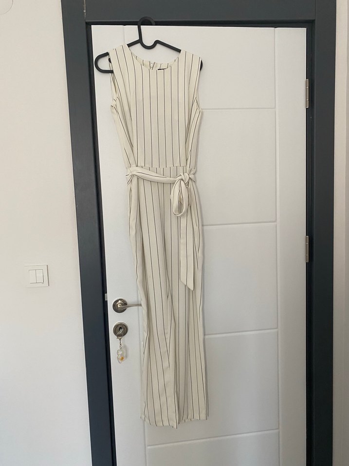 Çizgili Beyaz Kadın Midi Tulum - Görsel 2