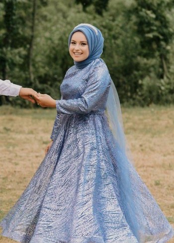 Uzun Kollu Mavi Drapeli Abiye Elbise