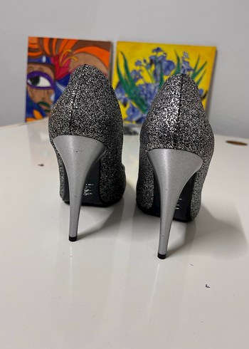 Gri Simli Stiletto Yılan Desenli Abiye Ayakkabı - Görsel 3
