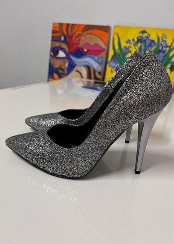 Gri Simli Stiletto Yılan Desenli Abiye Ayakkabı - Görsel 2