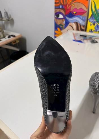 Gri Simli Stiletto Yılan Desenli Abiye Ayakkabı - Görsel 4