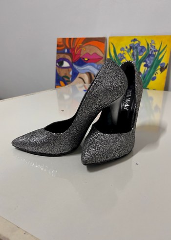 Gri Simli Stiletto Yılan Desenli Abiye Ayakkabı - Görsel 5