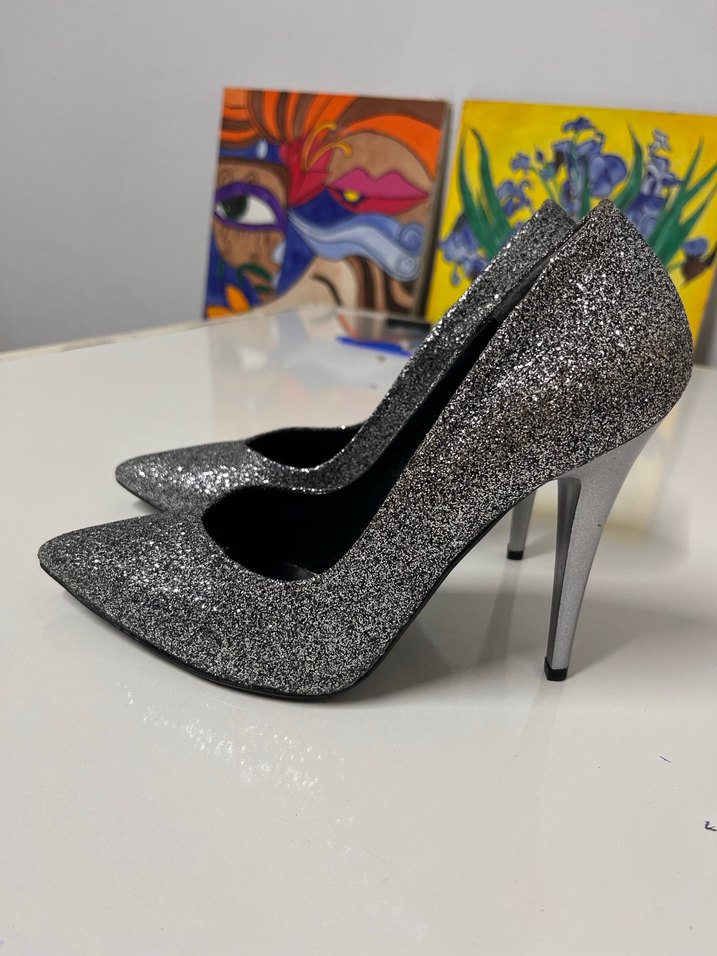 Gri Simli Stiletto Yılan Desenli Abiye Ayakkabı - Görsel 2