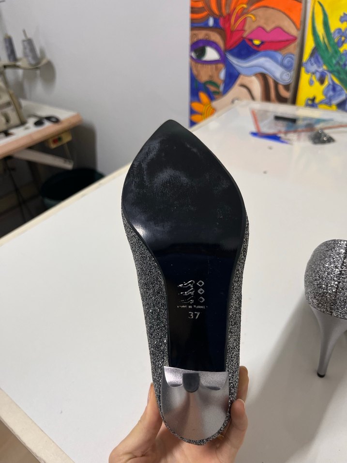 Gri Simli Stiletto Yılan Desenli Abiye Ayakkabı - Görsel 4