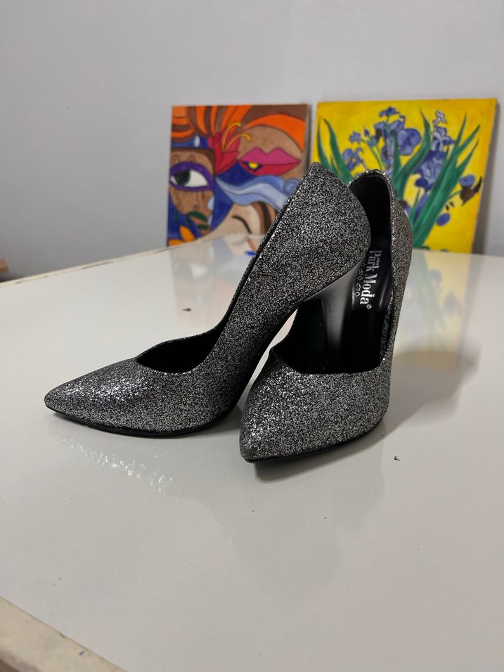 Gri Simli Stiletto Yılan Desenli Abiye Ayakkabı - Görsel 5