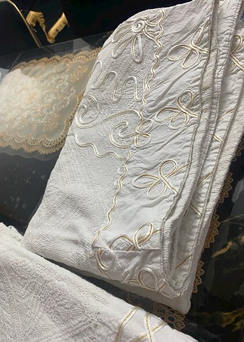 İşlemeli Beyaz keten koltuk örtüsü 3 parça 1 çift 2 tekli - Görsel 5