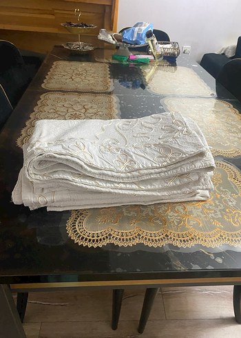 İşlemeli Beyaz keten koltuk örtüsü 3 parça 1 çift 2 tekli - Görsel 10