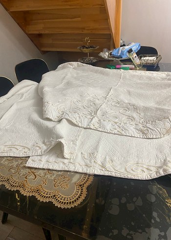 İşlemeli Beyaz keten koltuk örtüsü 3 parça 1 çift 2 tekli - Görsel 9