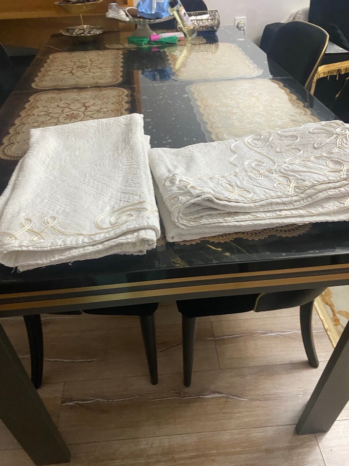 İşlemeli Beyaz keten koltuk örtüsü 3 parça 1 çift 2 tekli - Görsel 3