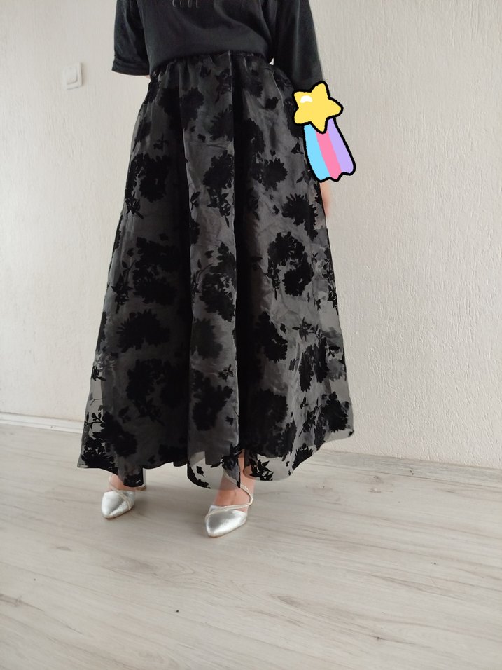 Siyah Yakma Organze Uzun Etek - Görsel 3