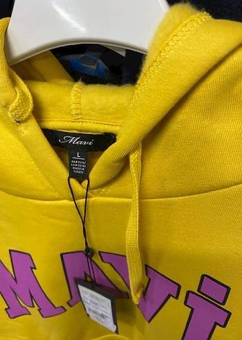 l Beden Mavi marka Sarı Kapüşonlu Mavi Baskılı Sweatshirt