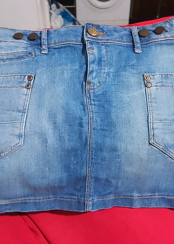 Düğmeli Mavi Denim Mini Etek