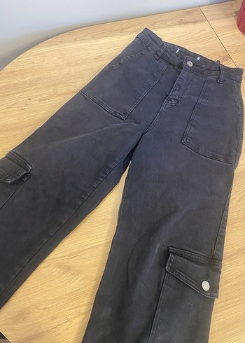 Düğmeli Siyah Geniş Kesim Midi Kot Pantolon