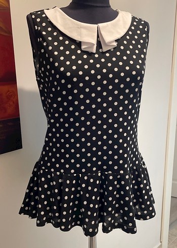 Puantiye Desenli Siyah Vintage Bluz