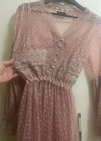 Dantel Detaylı Uzun Pembe Bohem Elbise - Görsel 2