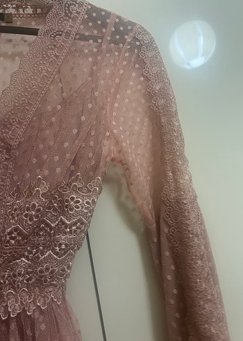 Dantel Detaylı Uzun Pembe Bohem Elbise - Görsel 4