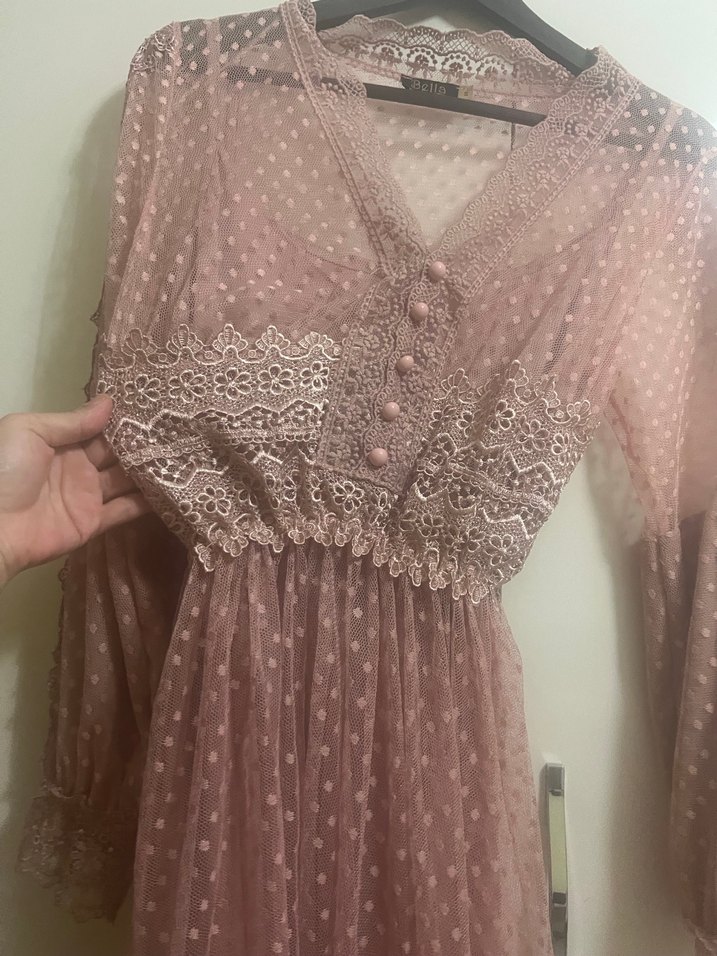 Dantel Detaylı Uzun Pembe Bohem Elbise - Görsel 2