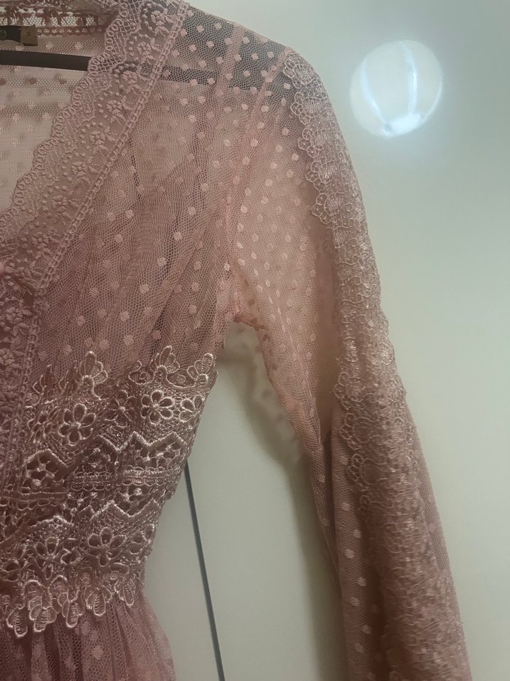 Dantel Detaylı Uzun Pembe Bohem Elbise - Görsel 4