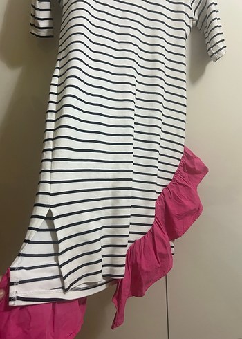 Çizgili Midi Elbise, Fırfırlı, Kısa Kollu - Görsel 2