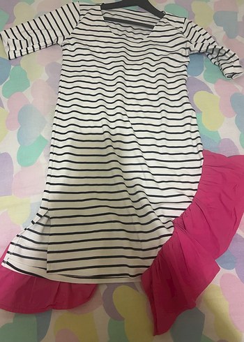 Çizgili Midi Elbise, Fırfırlı, Kısa Kollu - Görsel 5