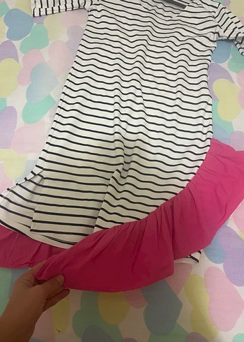 Çizgili Midi Elbise, Fırfırlı, Kısa Kollu - Görsel 4