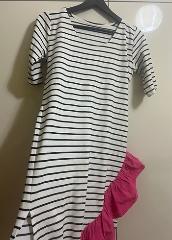 Çizgili Midi Elbise, Fırfırlı, Kısa Kollu - Görsel 3