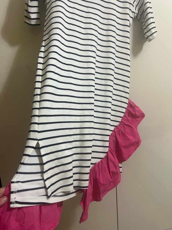 Çizgili Midi Elbise, Fırfırlı, Kısa Kollu - Görsel 2