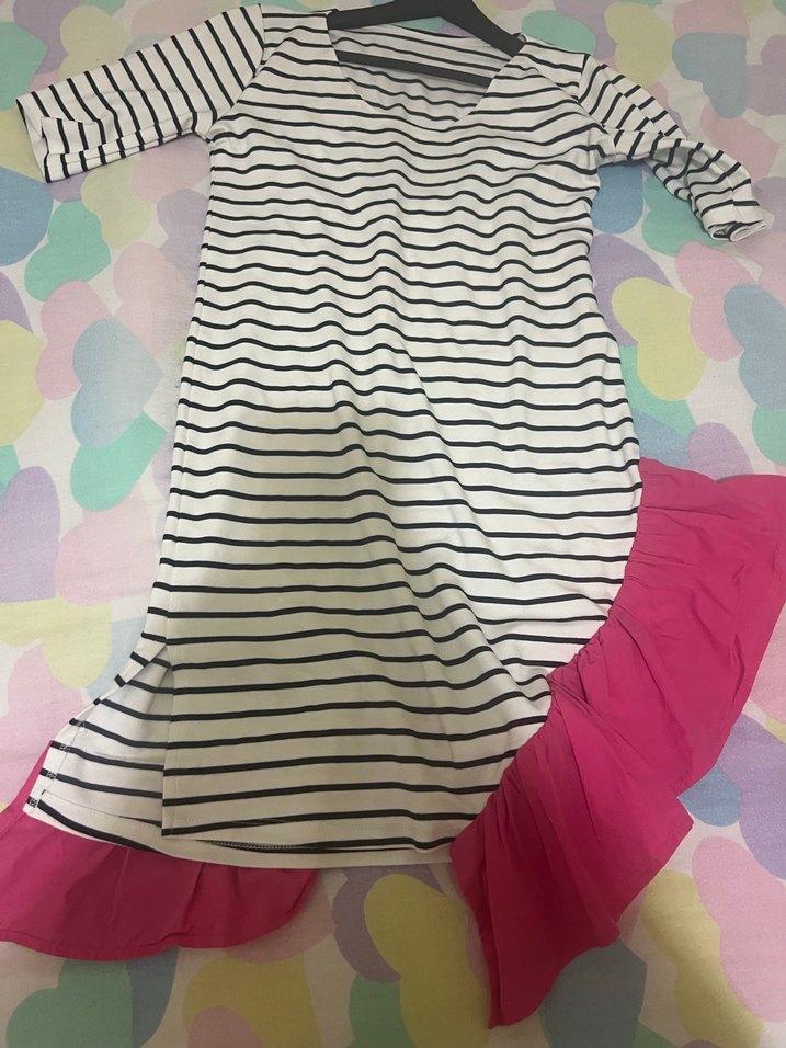 Çizgili Midi Elbise, Fırfırlı, Kısa Kollu - Görsel 5