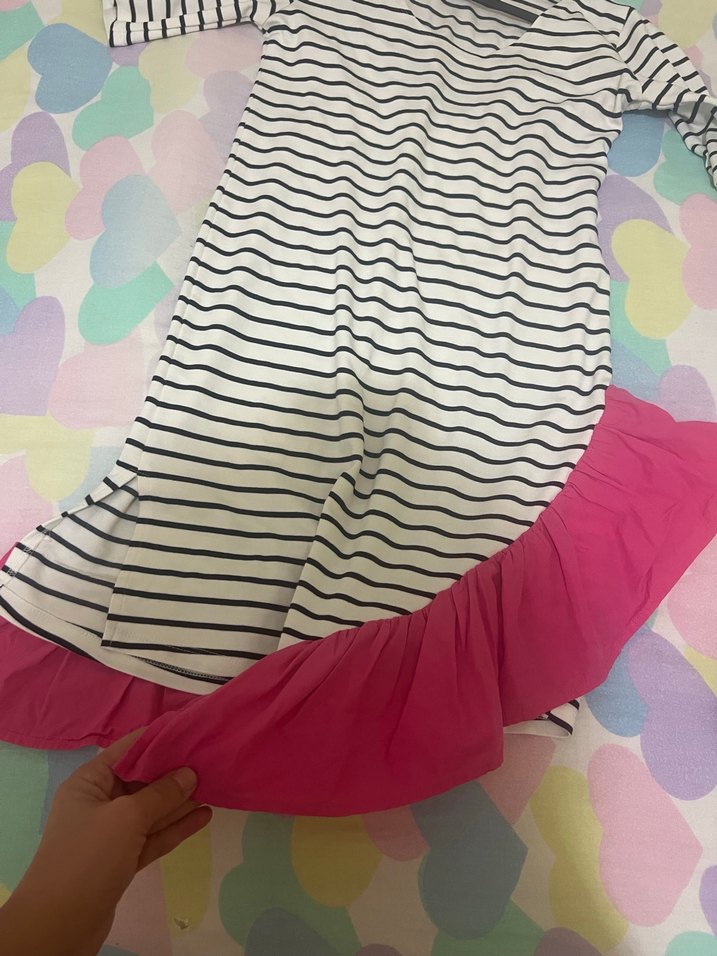 Çizgili Midi Elbise, Fırfırlı, Kısa Kollu - Görsel 4