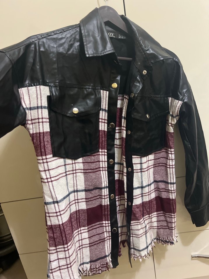 Düğmeli Deri ve Ekose Kadın Gömlek - Görsel 5