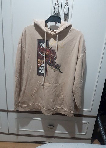 Bej Kapüşonlu Baskılı erkek Sweatshirt - Görsel 5