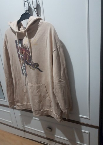 Bej Kapüşonlu Baskılı erkek Sweatshirt - Görsel 3