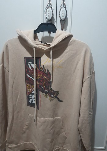 Bej Kapüşonlu Baskılı erkek Sweatshirt - Görsel 4