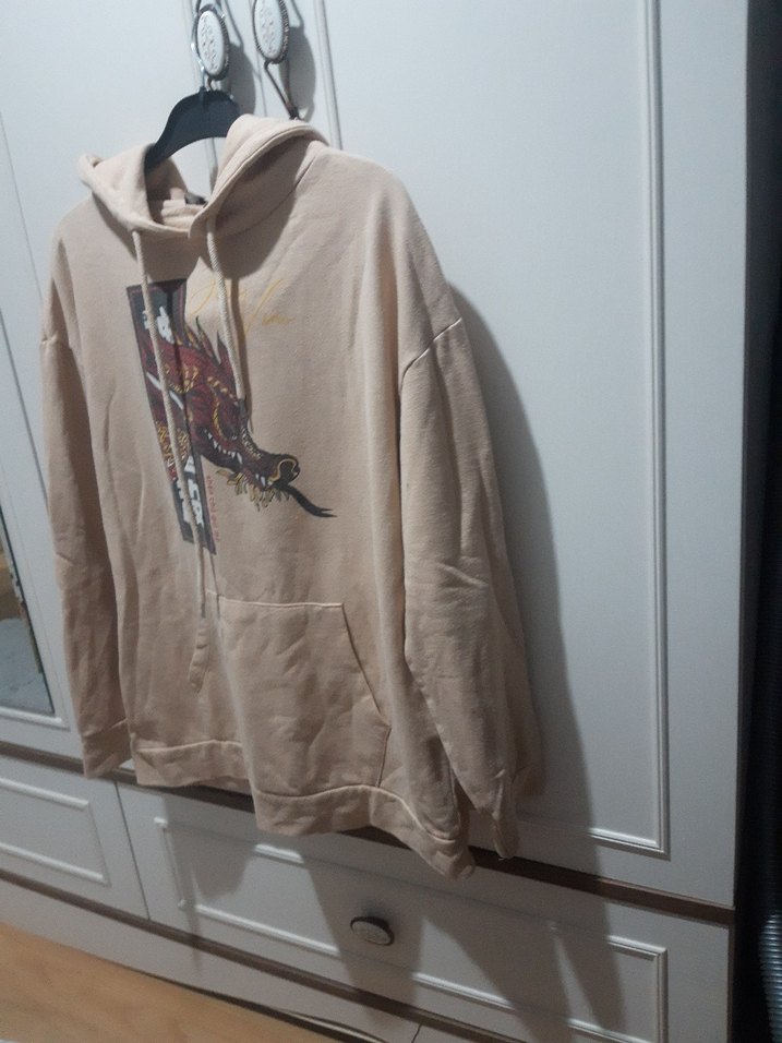 Bej Kapüşonlu Baskılı erkek Sweatshirt - Görsel 3