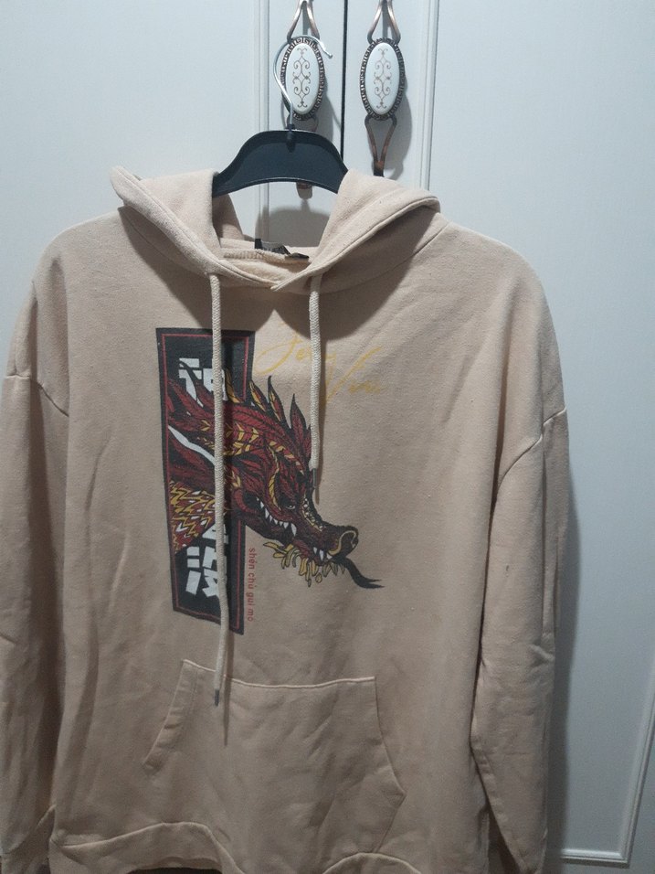 Bej Kapüşonlu Baskılı erkek Sweatshirt - Görsel 4