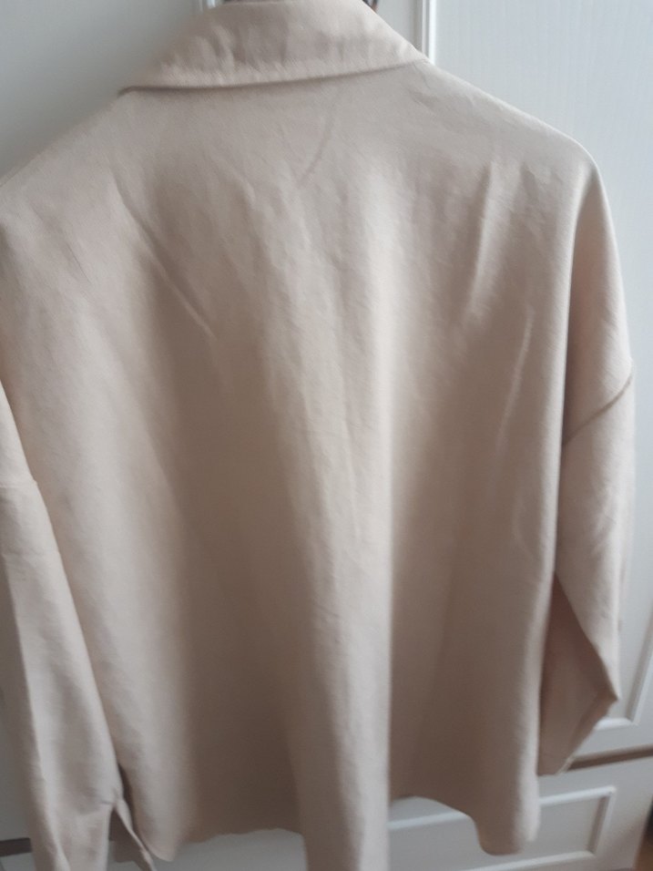 Bej Kadın Keten Gömlek Midi Boy - Görsel 2