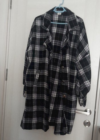 Gri Ekose Desenli Midi Düğmeli ceket - Görsel 5