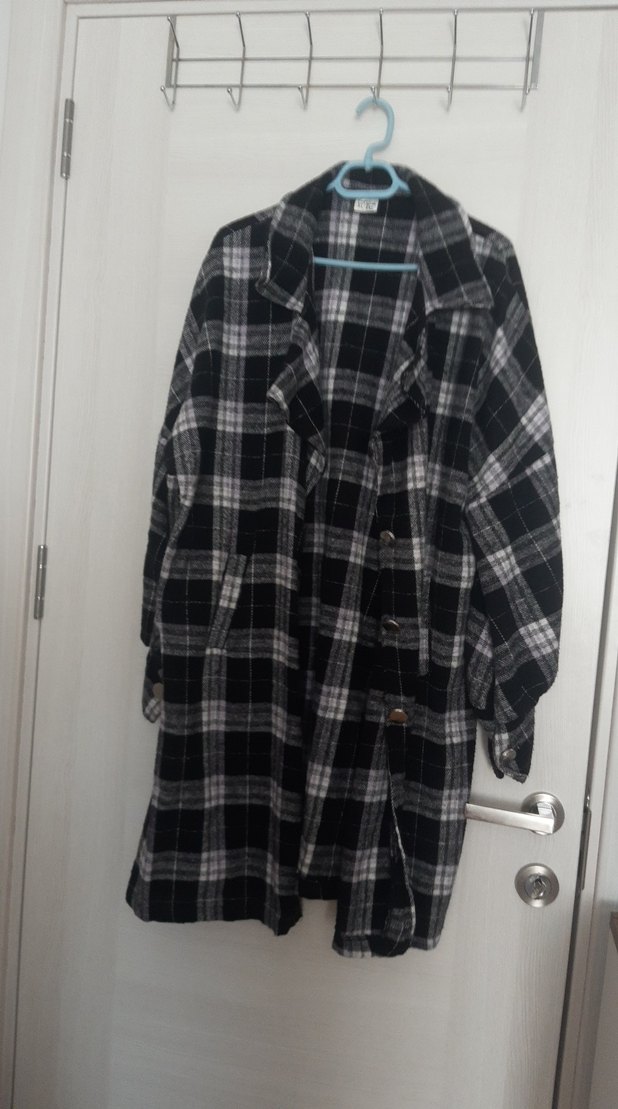 Gri Ekose Desenli Midi Düğmeli ceket - Görsel 5