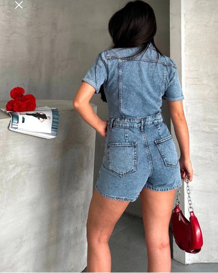 Düğmeli Kısa Denim Tulum - Görsel 2