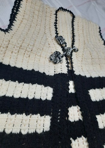 Krem Siyah Çizgili Örgü Kolsuz cocuk Yelek - Görsel 2