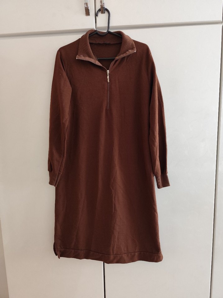 Kahverengi Yarım Fermuarlı Triko Elbise - Görsel 2