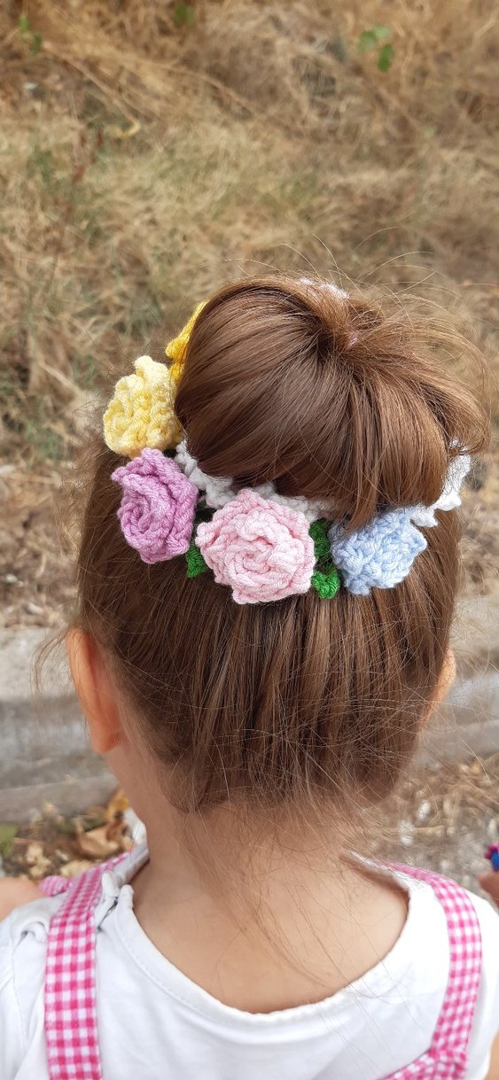 Çiçek Desenli Örgü Renkli Çocuk Saç Tokası - Görsel 4