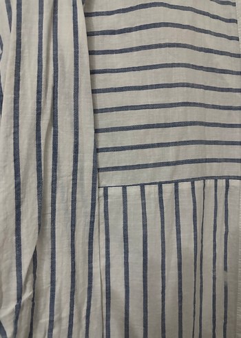 Düğmeli Gri Çizgili Keten Kadın Gömlek - Görsel 2
