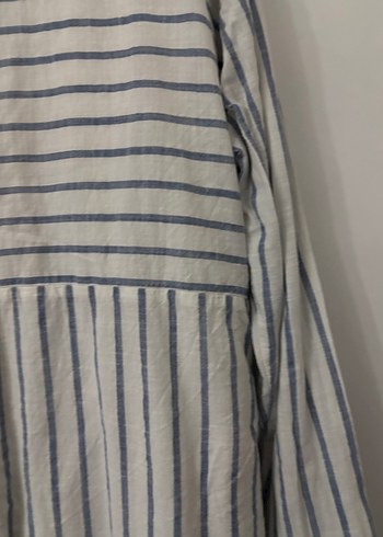 Düğmeli Gri Çizgili Keten Kadın Gömlek - Görsel 3