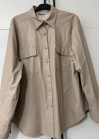 Düğmeli Bej Deri Kadın Gömlek - Görsel 2