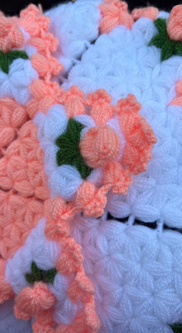 El Yapımı Turuncu Beyaz Çiçekli Örgü lif - Görsel 2